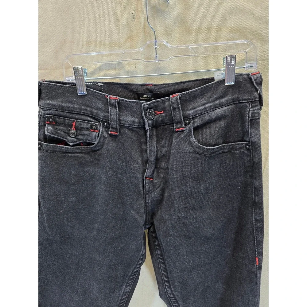 True Religion Ricky Relaxed Straight Black Jeans Red Stitching Mens 31 x 31